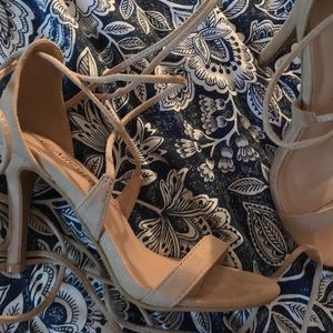 Allegra K soft suede open sandals with strings and 3 inch heels, size 6